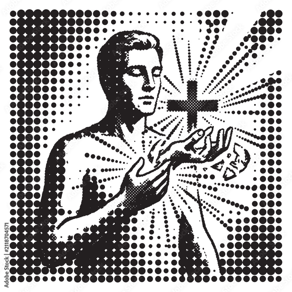 Fototapeta premium Spiritual Man in Prayer with Cross Graphic, Halftone Dots Pattern Illustration, Screenprint Style Rasterized Stippling Vintage Pop Art Design