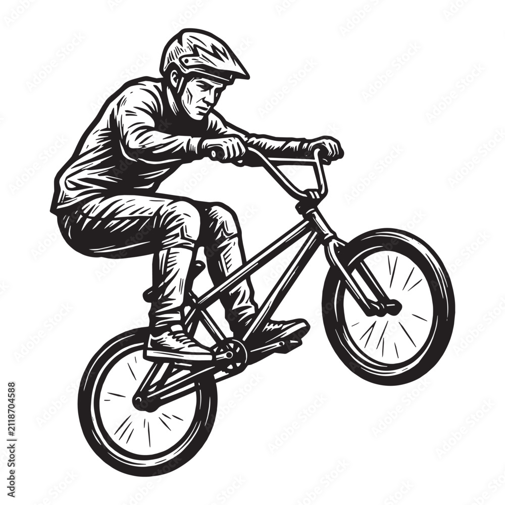 Fototapeta premium Extreme BMX Rider Performing a Wheelie Stunt in Woodcut Engraved Relief Carved Printmaking Style