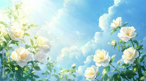 white roses against blue sky with clouds
