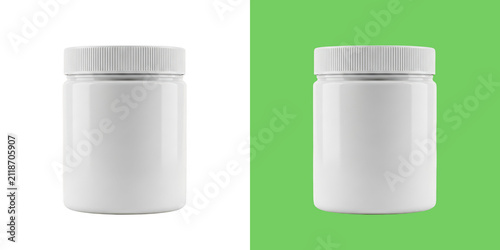 Two identical plastic jars with white caps on green background