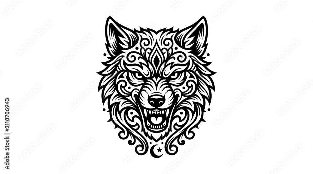 Obraz premium Intricate Wolf Head Illustration - Tribal Tattoo Art