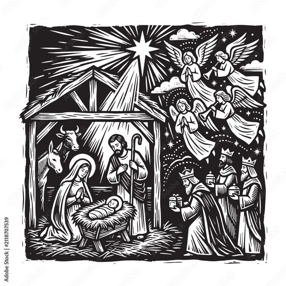 Obraz premium Traditional Nativity scene woodcut illustration with Mary Joseph baby Jesus and the three kings in an engraved relief printmaking style