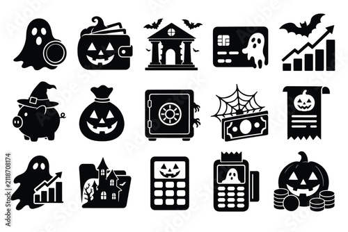 Halloween financial icons set featuring ghosts, pumpkins, wallets, piggy banks, safes, and business growth charts