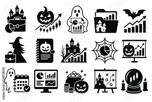 Halloween business and financial report icons set