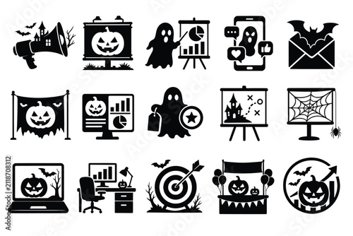 Set of halloween themed business and marketing icons, flat vector illustration
