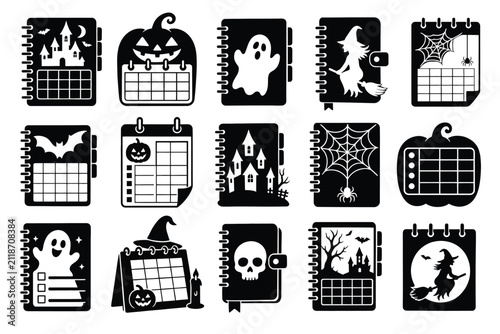Halloween themed planner and calendar icon set, vector illustration