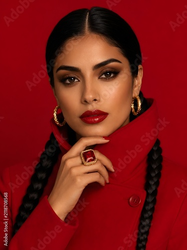 Beauty editorial portrait of a woman in a structured red high-collar coat with long braids, gold earrings and a statement red ring against a red backdrop.