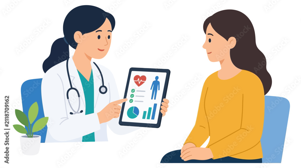 Obraz premium Female Doctor Explaining Medical Test Results on Digital Tablet to Woman Patient in Clinic