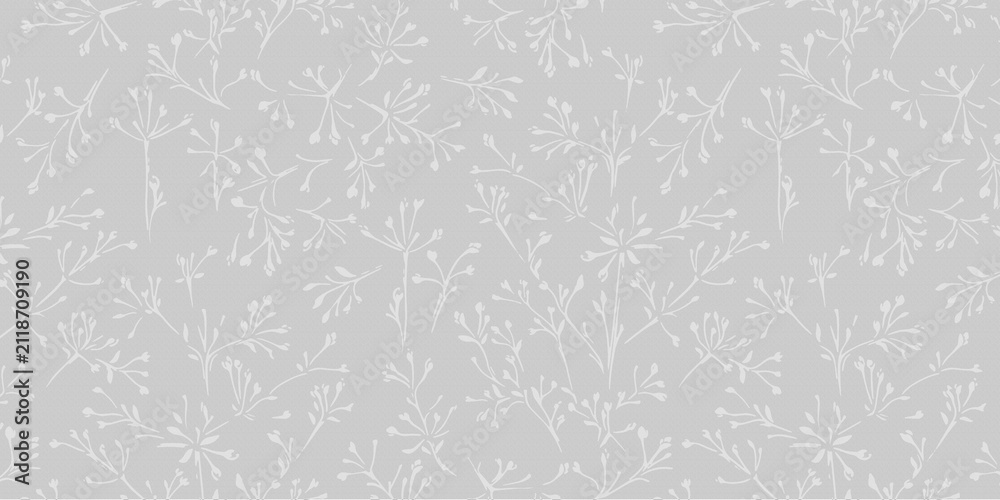 Fototapeta premium Seamless Botanical Pattern with Delicate White Floral Silhouettes on Gray Background. Ideal for Wallpaper, Textiles, Wrapping Paper, Branding, Packaging and Surface Design.