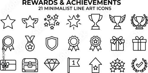 Obraz na plátne Reward and loyalty program icon set with stars, gifts, rocket, achievements