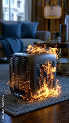 A space heater engulfed in flames sits dangerously on a rug, highlighting fire safety risks against a living room background.