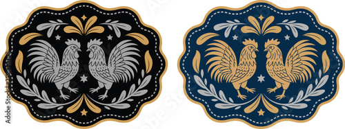 Mexican Rooster Fighter Cockfight, Rooster Belt Buckle, Ranch Badge, Western Emblem, Vector Illustration.