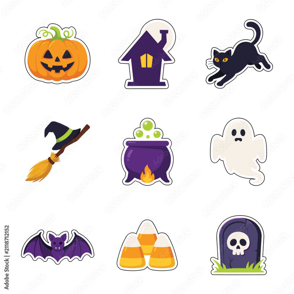 Fototapeta premium Cute halloween stickers set with pumpkins and spooky magic decorations.