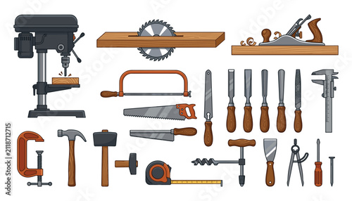 Bild auf Leinwand Woodworking tools vector icon set with drill press circular saw hand saws chisel