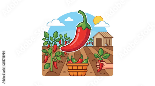 illustration of a vibrant vegetable garden with tomato plants and a harvesting scene on a sunny day