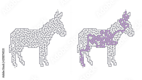 Abstract image of a donkey with an elegant silhouette for brain training. Animal Maze with solution at white bacground.