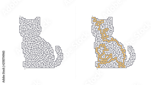 A cute cartoon cat in a maze at white background. Silhouette for pet and animal art designs. Concept for developing thinking at any age. Copy space.