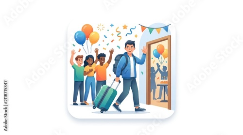People celebrating with suitcase at airport.