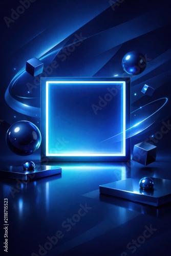 blue abstract technology scene with glowing square and metallic spheres
