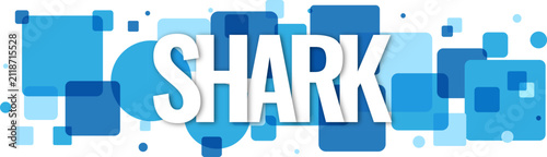 Bold shark text graphic design with blue geometric shapes and a modern professional artistic style
