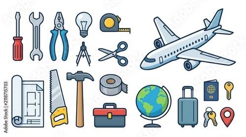 Travel tools and luggage icons.