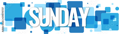 Bold Sunday word written on a modern abstract pattern featuring various overlapping blue geometric squares