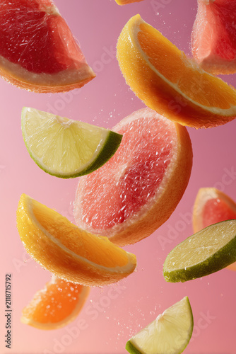 Assorted fresh fruit slices floating mid-air in a dynamic, minimalist composition