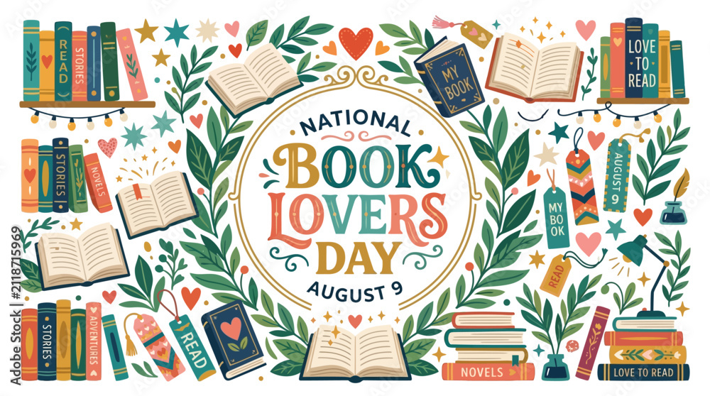 Fototapeta premium Celebration of national book lovers day with colorful books leafy accents hearts and decorative elements for august 9 with cheerful design celebrating