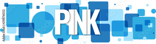 Bold typography design featuring the word pink set against a vibrant blue geometric shapes motif