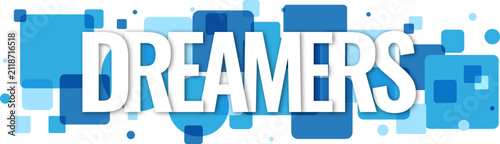 Bold typography design featuring the word dreamers set against a pattern of various blue squares