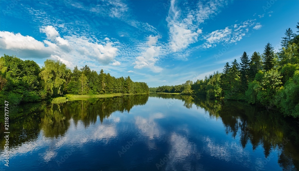 Obraz premium Beautiful Reflection Of Blue Sky And Wispy Clouds In A Calm River Surrounded By Green Trees