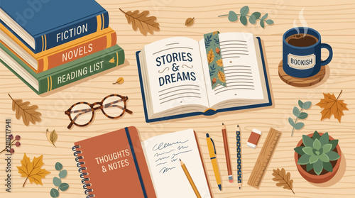 Konstfotografi Cozy flat lay of books reading accessories and autumnal decorations for book lov