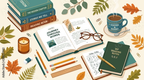 Cozy autumn book lover essentials flat lay with open books reading glasses coffee mug candles with autumnal elements perfect book lovers during fall