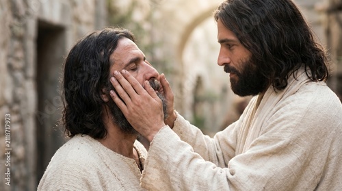 Jesus healing a blind man in an ancient street. Miracle of sight biblical scene. Compassion and faith concept