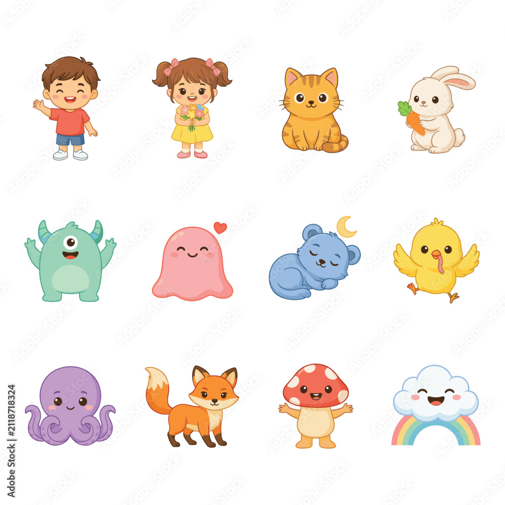 Obraz premium Cute cartoon characters including children animals monsters and nature elements on white background