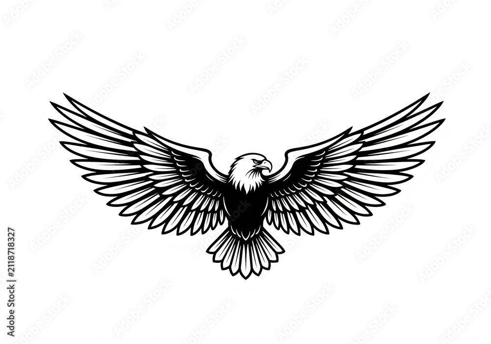 Obraz premium Black silhouette of a soaring bald eagle with wings spread isolated on transparent background, isolated on white background