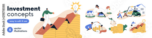 Investment, financial literacy and wealth strategy concept set. Planning budget, investing in real estate, houses, saving money, growing capital. Flat vector illustrations isolated on white background