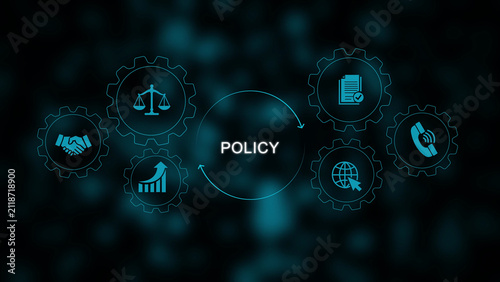 Bild auf Leinwand Digital infographic concept with the word policy surrounded by glowing blue gear
