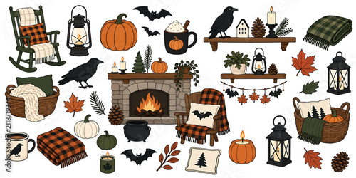 Bild auf Leinwand Cozy autumn and halloween elements collection with pumpkins, fireplace, rocking