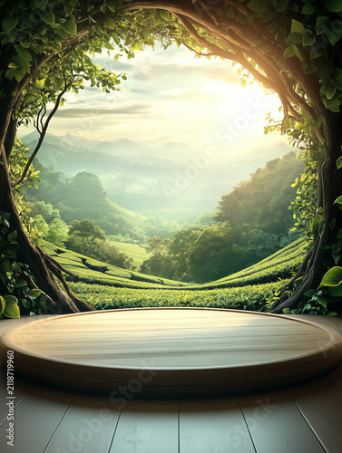 Luxury Wooden Podium with Panoramic Tea Plantation Landscape and Golden Sunrise for Premium Organic Product Display