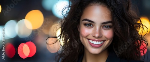 Beautiful woman smiling in city lights