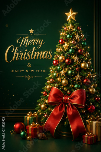 Decorated Christmas Tree with Red Ribbon and Gift Boxes, Merry Christmas Greeting Card, Realistic 3D Clay Illustration