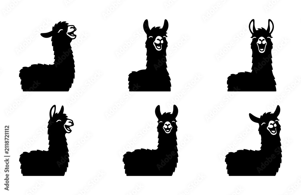 Obraz premium Black Llama Icons Set, Cute Alpaca Vector Graphics, South American Camelid Silhouettes for Animal Lovers, Farm and Zoo Themes