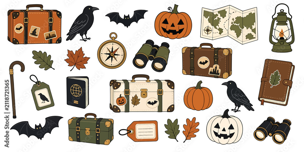 Obraz premium Set of vintage travel items, autumn elements, halloween symbols, suitcases, pumpkins, ravens, bats, binoculars, compass, map, and leaves