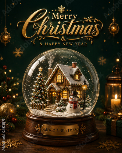 Christmas Snow Globe with Cozy Winter Cottage, Merry Christmas Holiday Greeting Card, Realistic 3D Clay Style