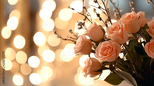 Peach roses and bokeh lights