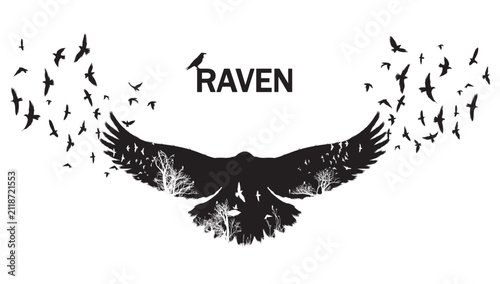 фотографія Flock of ravens flying in a dramatic silhouette formation