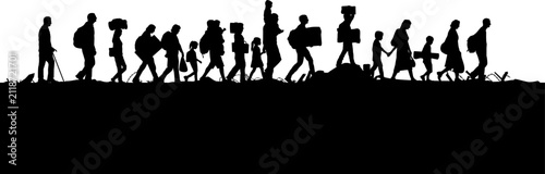 Refugee group walking with luggage. Displaced people migrating in a line silhouette.