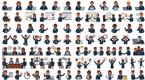 60 Cheerful Office Worker Emoji Characters Set – Business Team, Laptop Work, Meetings, Brainstorming, Productivity, Success, Coffee Break, Colorful Flat Editable Vector EPS