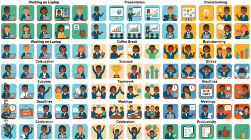 60 Cheerful Office Worker Emoji Characters Set – Business Team, Laptop Work, Meetings, Brainstorming, Productivity, Success, Coffee Break, Colorful Flat Editable Vector EPS